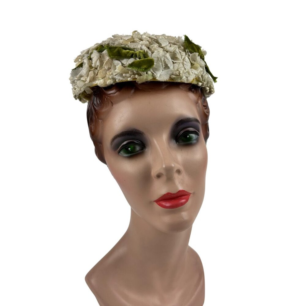 Vintage 50s Floral Hat White Green Bows Formal Round Pillbox B. Forman - Picture 11 of 11